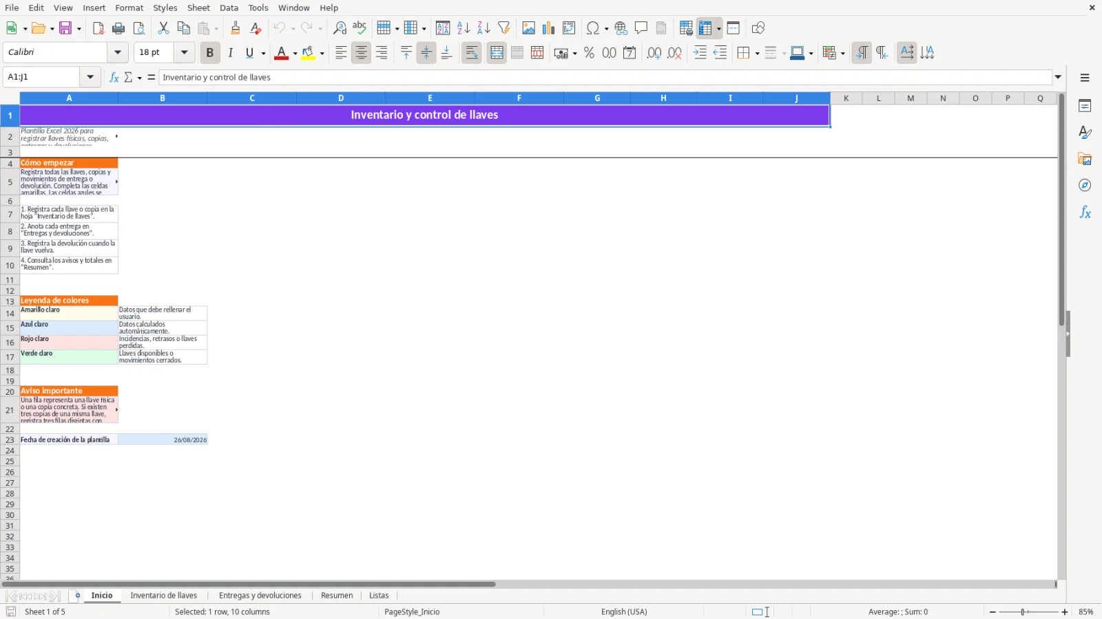 Captura de la hoja Inicio de la plantilla Excel