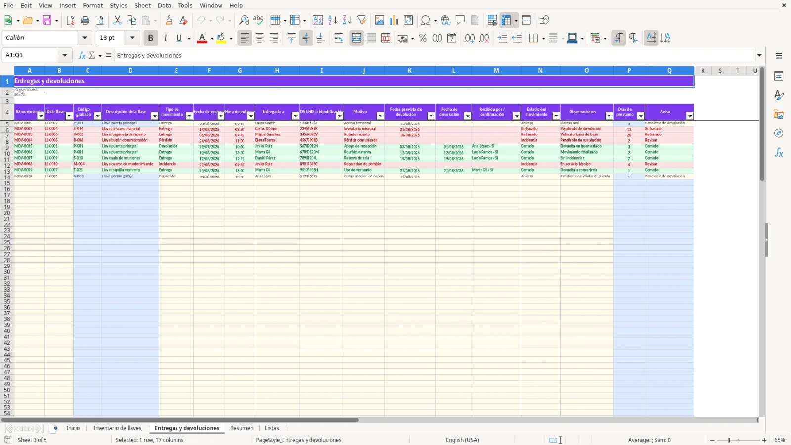 Captura de la hoja Entregas y devoluciones de la plantilla Excel
