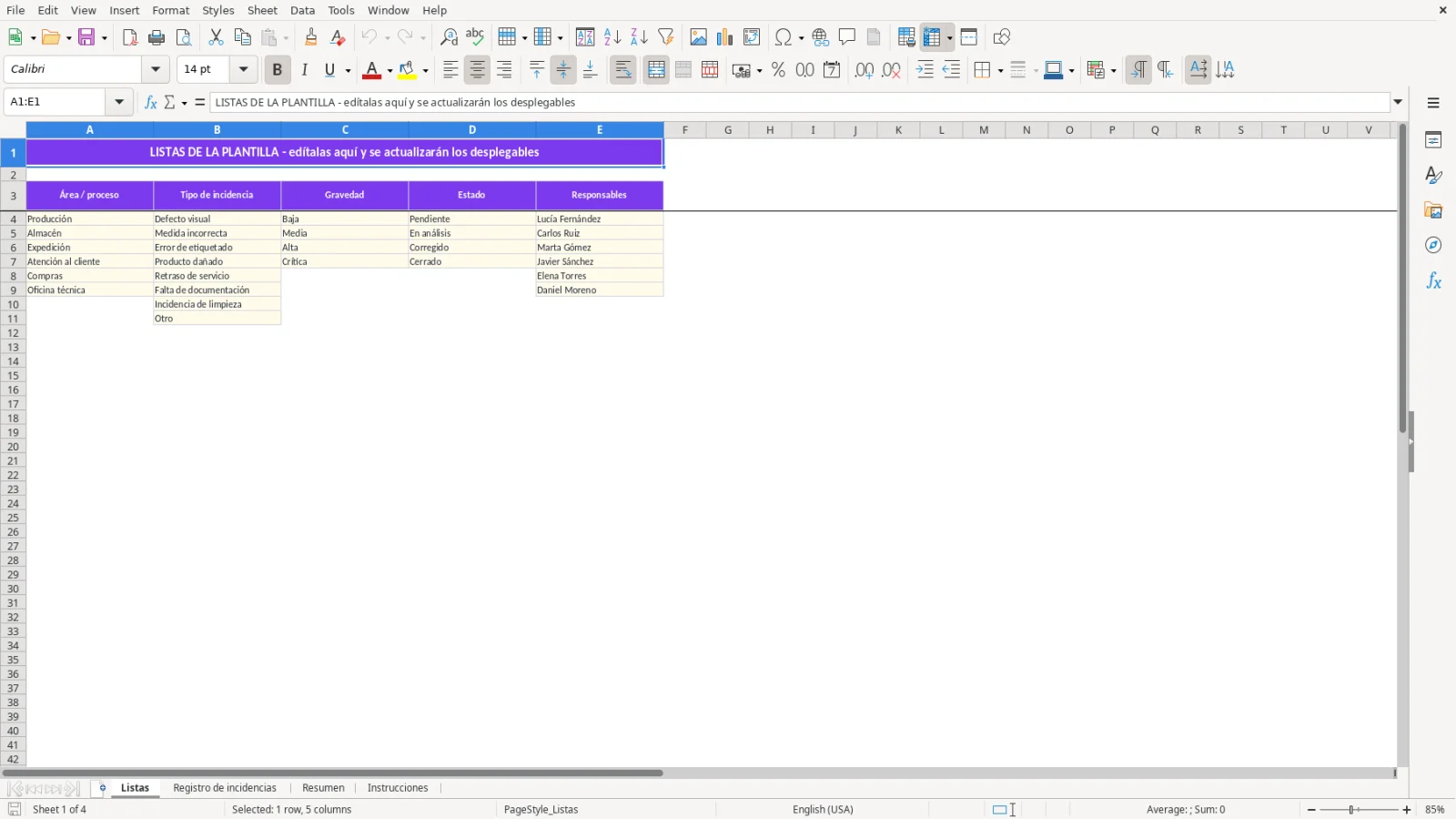 Captura de la hoja Listas de la plantilla Excel