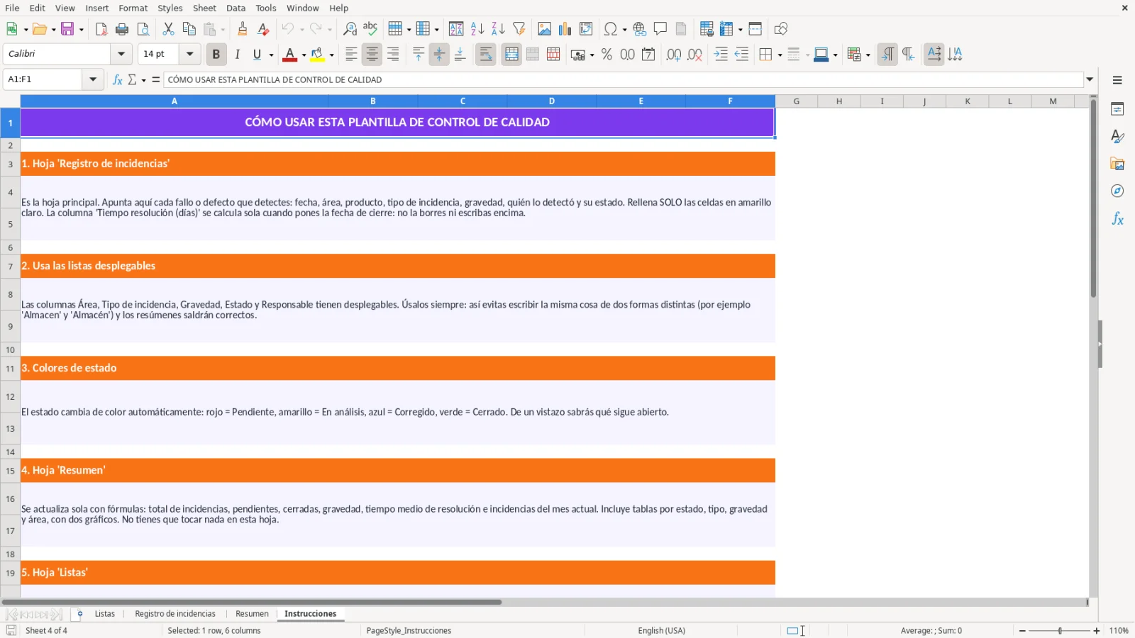 Captura de la hoja Instrucciones de la plantilla Excel