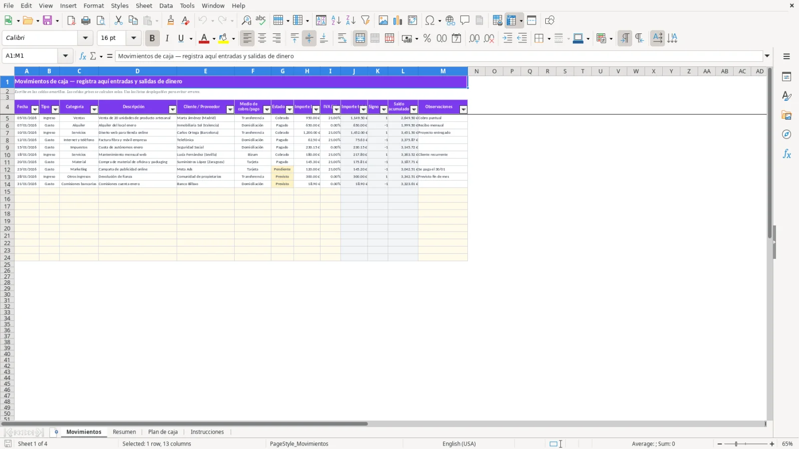Captura de la hoja Movimientos de la plantilla Excel