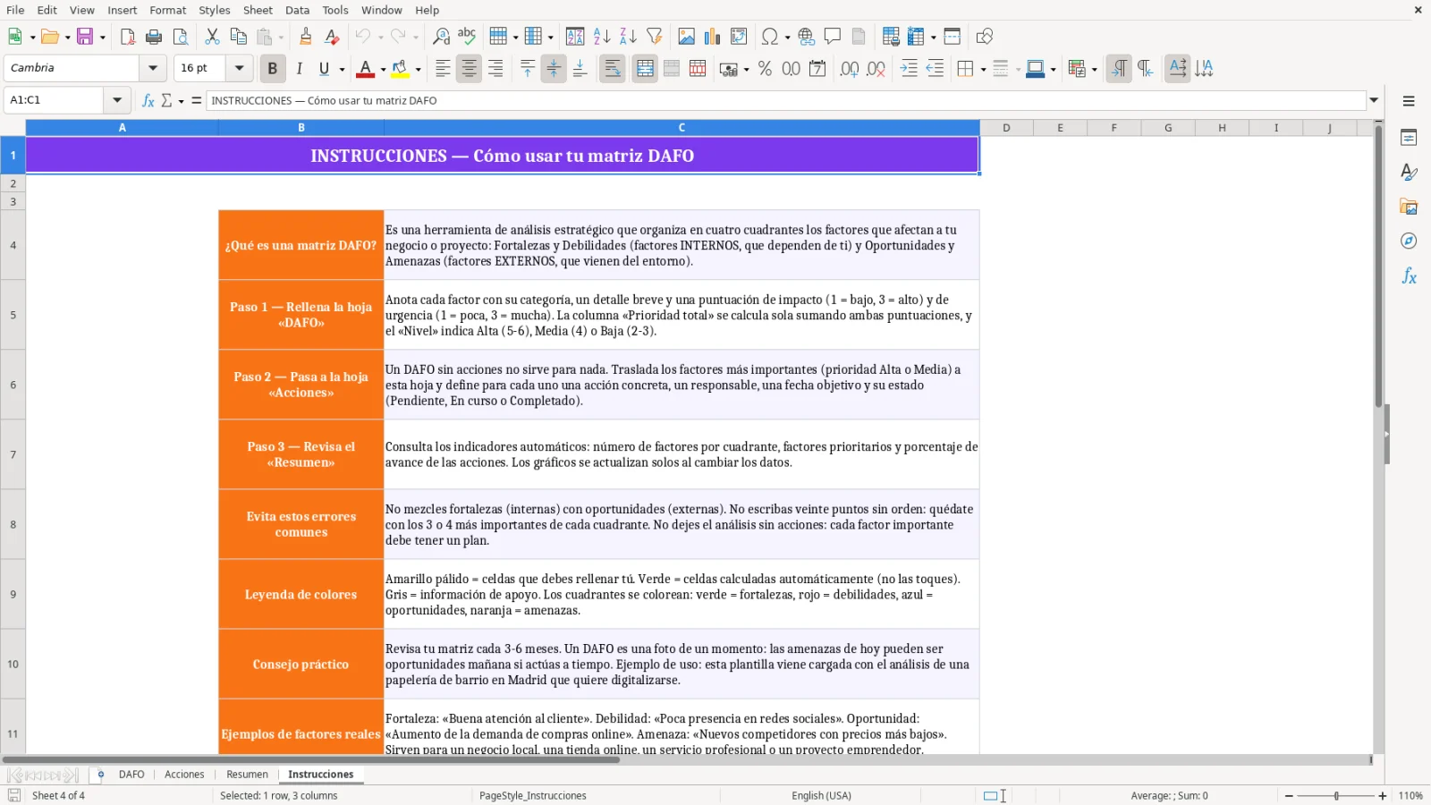 Captura de la hoja Instrucciones de la plantilla Excel