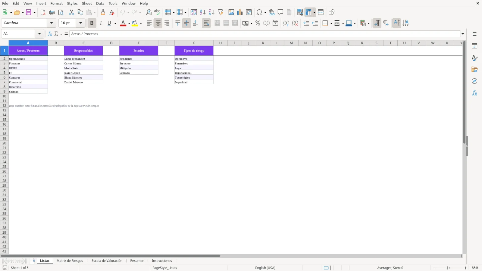 Captura de la hoja Listas de la plantilla Excel
