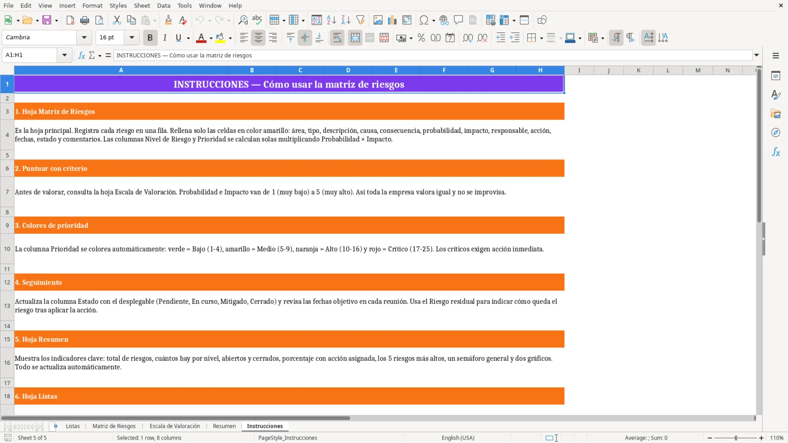 Captura de la hoja Instrucciones de la plantilla Excel