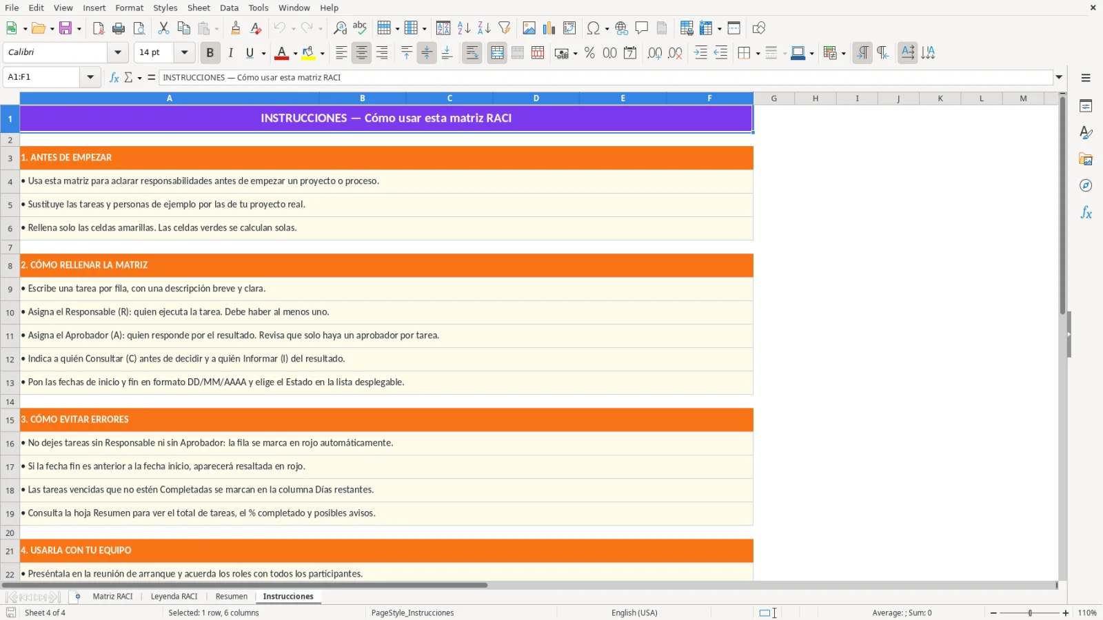 Captura de la hoja Instrucciones de la plantilla Excel