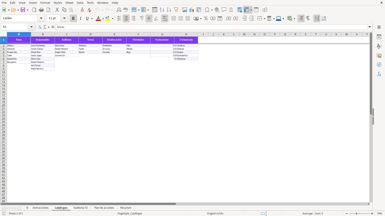 Captura de la hoja Catálogos de la plantilla Excel