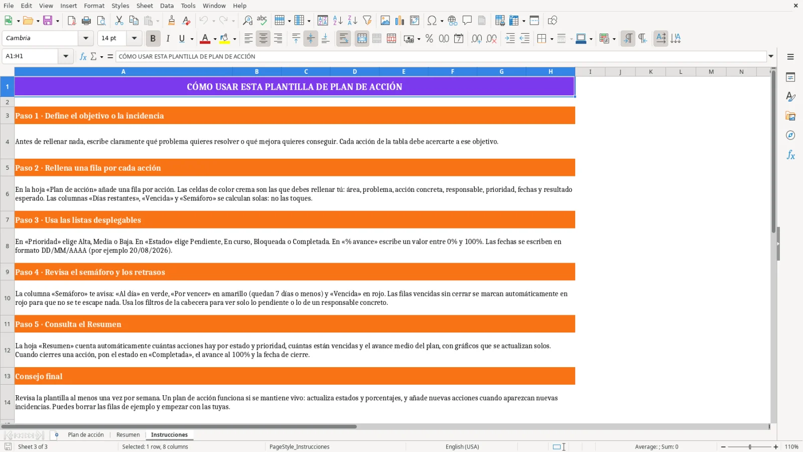 Captura de la hoja Instrucciones de la plantilla Excel