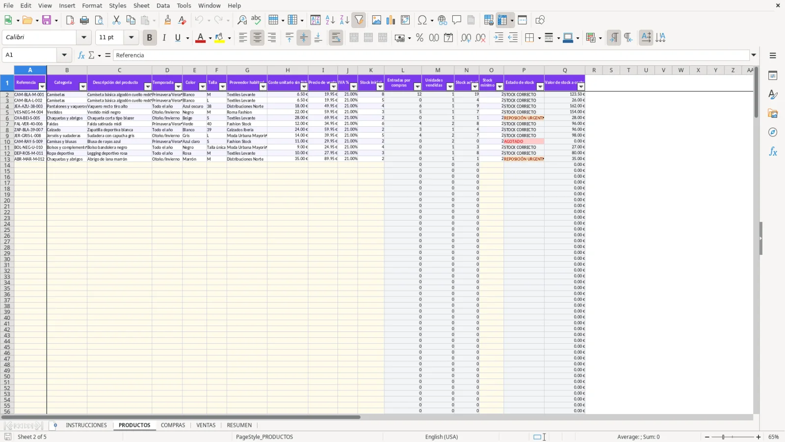 Captura de la hoja PRODUCTOS de la plantilla Excel