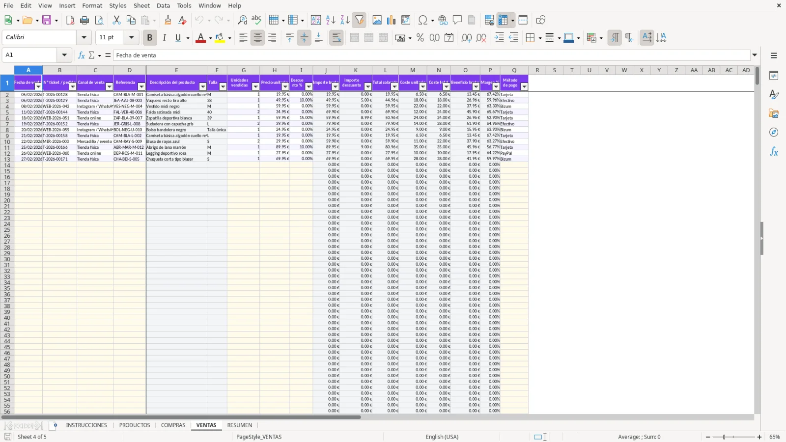 Captura de la hoja VENTAS de la plantilla Excel